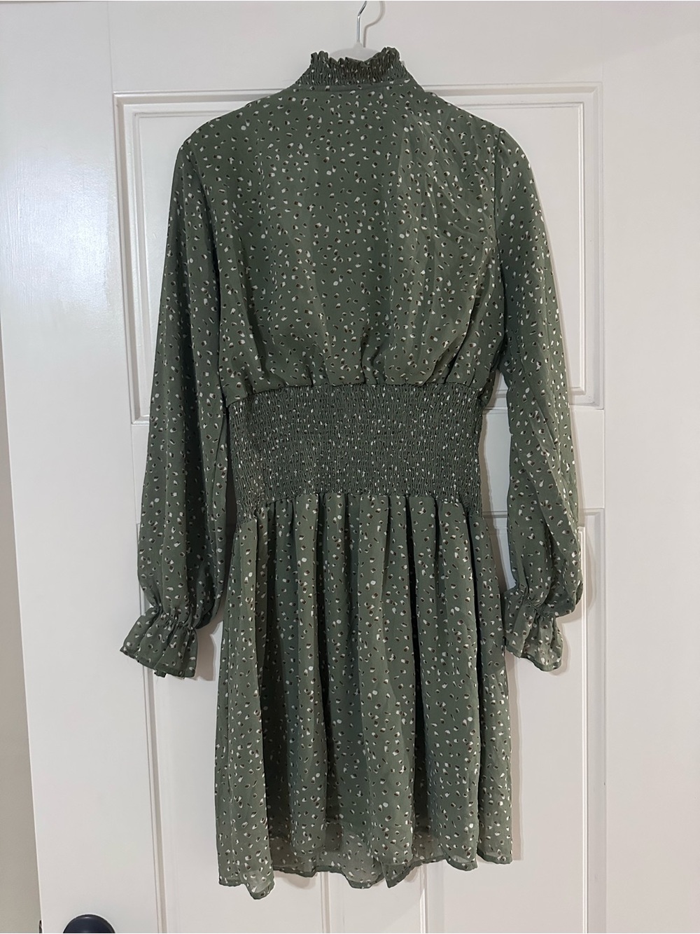 Smocked Waist Long Sleeve Olive Green Dress